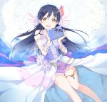  1girl blue_hair blush bow box dress gift hair_ornament long_hair looking_at_viewer love_live!_school_idol_project open_mouth smile solo sonoda_umi ume_(plumblossom) yellow_eyes 