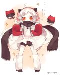  ahoge black_scarf bunny_earmuffs covered_mouth dress earmuffs haruka_(reborn) kantai_collection long_hair mittens northern_ocean_hime red_eyes scarf scarf_over_mouth shinkaisei-kan sparkle twitter_username white_hair white_scarf 