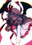  1girl ascot bat_wings blue_hair bow chiruru96 hat hat_bow looking_at_viewer mob_cap outstretched_arm puffy_sleeves red_eyes remilia_scarlet ribbon shirt short_hair short_sleeves simple_background skirt skirt_set smile solo touhou white_background wings 