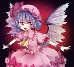  1girl ascot blue_hair bow brooch fang hat hat_bow jewelry open_mouth red_eyes remilia_scarlet solo touhou wings wrist_cuffs yamone 