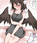  1girl bare_shoulders black_dress blush breast_hold breasts brown_hair commentary_request dress dress_shirt hammer_(sunset_beach) hat on_bed open_mouth pink_eyes shameimaru_aya shirt shirt_removed short_hair side_glance sitting_on_bed solo tokin_hat touhou 
