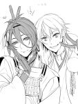  2boys gloves grin heart japanese_clothes looking_at_viewer male_focus mikazuki_munechika monochrome multiple_boys partly_fingerless_gloves smile touken_ranbu translation_request tsurumaru_kuninaga upper_body v v_(bunny_ears) zuwai_kani 