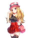  1girl bag bag_charm bare_arms black_legwear blonde_hair breasts goggles goggles_on_hat hand_in_hair hat highres looking_away pokemon pokemon_(game) pokemon_xy ririko_(zhuoyandesailaer) serena_(pokemon) skirt solo thigh-highs wristband 