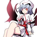  1girl :d bat_wings blue_hair capelet crossed_legs curiosities_of_lotus_asia dress hat looking_at_viewer oimo_(imoyoukan) open_mouth red_eyes remilia_scarlet sash slit_pupils smile solo thighs touhou wings 