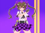  1girl belt black_wings bow brown_hair cellphone checkered checkered_skirt crossover female hair_bow hat henshin henshin_pose himekaidou_hatate kamen_rider kamen_rider_555 kamen_rider_kaixa necktie parody phone skirt solo touhou tsukushi_(741789) twintails violet_eyes wings 