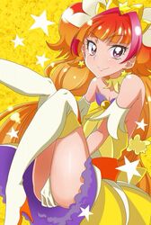  1girl amanogawa_kirara bare_shoulders choker cure_twinkle earrings gloves go!_princess_precure jewelry kurosawa-san long_hair looking_at_viewer magical_girl multicolored_hair orange_hair precure redhead smile solo star star_earrings thigh-highs twintails two-tone_hair violet_eyes white_gloves white_legwear yellow_background 