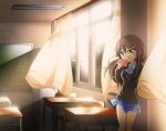  1girl bow brown_hair chalkboard curtains desk green_eyes hair_ornament hairclip highres kabuto_(nextlevel) letter light_particles looking_at_viewer love_letter original school_uniform skirt solo tagme wind window 