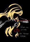  black black_background blonde_hair elbow_gloves french gloves hair_ribbon highres lace_gloves lips lipstick long_hair looking_afar looking_to_the_side makeup profile ribbon silhouette smile thread touhou very_long_hair white_gloves yakumo_yukari zahlia_h 