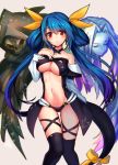  1girl bare_shoulders black_legwear blue_hair blush breasts choker dizzy fujisaki_(hjsk) guilty_gear looking_at_viewer navel necro red_eyes ribbon skull solo tail tail_ribbon thigh-highs twintails under_boob undine_(guilty_gear) 