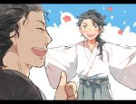  2boys black_hair blush closed_eyes crossover getiao hakama japanese_clothes jin_(manga) kimono letterboxed long_hair male_focus multiple_boys mutsu-no-kami_yoshiyuki open_mouth sakamoto_ryouma_(jin) short_hair thumbs_up touken_ranbu 