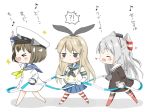  &gt;_&lt; 3girls ^_^ amatsukaze_(kantai_collection) blonde_hair blue_skirt brown_hair closed_eyes closed_mouth detached_sleeves fang hairband heart kantai_collection long_hair long_sleeves miniskirt multicolored_legwear multiple_girls neckerchief open_mouth pleated_skirt sailor_dress school_uniform serafuku shimakaze_(kantai_collection) short_hair silver_hair simple_background skirt striped striped_legwear thigh-highs translation_request tsuchihara_ai two_side_up white_background yukikaze_(kantai_collection) 