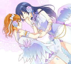  2girls bare_shoulders blue_hair chisumi closed_eyes flower hair_flower hair_ornament hand_kiss highres holding_hands interlocked_fingers kiss kousaka_honoka love_live!_school_idol_festival love_live!_school_idol_project multiple_girls orange_hair parted_lips side_ponytail sonoda_umi tagme wings 