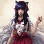  1girl ahri animal_ears clockwork-cadaver fox_ears fox_tail hat highres league_of_legends long_hair multiple_tails nail_polish purple_hair skirt slit_pupils solo suspenders tail watermark web_address whisker_markings yellow_eyes 