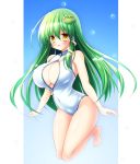  1girl blush breasts cleavage covered_navel frog_hair_ornament front_zipper_swimsuit green_hair hair_ornament kochiya_sanae large_breasts long_hair one-piece_swimsuit open_mouth osashin_(osada) snake_hair_ornament solo swimsuit touhou unzipped very_long_hair white_swimsuit yellow_eyes zipper 