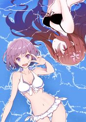  2girls afloat bangs bikini bikini_skirt black_bikini bob_cut brown_hair flower front-tie_bikini front-tie_top gnosis_(ylyk) hair_flower hair_ornament long_hair looking_at_viewer multiple_girls navel original purple_hair swimsuit violet_eyes w water white_bikini white_swimsuit 