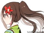  1girl amagi_(kantai_collection) artist_name brown_eyes brown_hair character_name dated flower hair_flower hair_ornament highres japanese_clothes kantai_collection kimono kuro_chairo_no_neko long_hair ponytail profile sideways_mouth silhouette simple_background solo upper_body white_background 