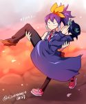  1boy 1girl blue_hair bow carrying coat covering_face hair_bow hands_on_own_face hiiragi_yuzu_(cosplay) kurosaki_shun miyukiyo multicolored_hair necktie ponytail princess_carry serena_(yuu-gi-ou_arc-v) sleeveless two-tone_hair yuu-gi-ou yuu-gi-ou_arc-v 