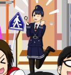  &gt;_&lt; 1girl 3boys :d black-framed_glasses black_hair blue_eyes boots brown_hair clenched_hand cuffs dress_shirt glasses handcuffs hat kamen_rider kamen_rider_drive_(series) leg_up looking_at_viewer multiple_boys neckerchief one_eye_closed open_mouth pantyhose police police_uniform redol saijo_kyu shijima_gou shijima_kiriko shirt sign skirt smile tomari_shinnosuke uniform xd 