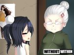  2girls :&lt; =^= =_= absurdres anger_vein artist_request character_request copyright_name glasses height_difference highres multiple_girls official_art old_woman open_mouth tagme triangle_mouth vinty wallpaper white_hair without_within 