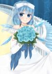  1girl absurdres alternate_costume alternate_hairstyle arm_garter blue_eyes blue_rose blush bouquet bridal_veil bride cirno dress elbow_gloves flower gloves hair_ribbon half_updo highres jewelry looking_at_viewer mutsumi326 necklace ribbon rose short_hair skirt_hold smile solo stairway strapless_dress touhou veil wedding_dress 