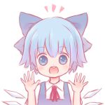  1girl batta_(ijigen_debris) blue_eyes blue_hair bow cirno hair_bow ice ice_wings open_hands open_mouth short_hair solo touhou white_background wings 