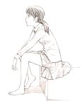  1girl barefoot monochrome original school_uniform sketch solo traditional_media yoshitomi_akihito 