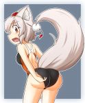 1girl animal_ears ass bare_shoulders blush breasts elu_butyo embarrassed hat inubashiri_momiji large_breasts looking_at_viewer looking_back one-piece_swimsuit open_mouth red_eyes short_hair silver_hair solo swimsuit tail tokin_hat touhou wolf_ears wolf_tail 