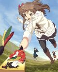  3girls bow brown_eyes brown_hair face_painting foreshortening from_below grass hair_bow long_hair multiple_girls official_art ooishi_hina open_mouth pantyhose solo_focus tagme tears wake_up_girls! wake_up_girls!_stage_no_tenshi winter_clothes 