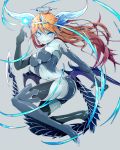  1girl ahoge asuku_(69-1-31) blue_eyes blue_skin demon_girl demon_horns demon_tail facial_mark halo hera-is_(p&amp;d) highres horns long_hair orange_hair puzzle_&amp;_dragons smile solo tail thigh-highs tiara 