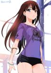  1girl blue_eyes bracelet brown_hair earrings idolmaster idolmaster_cinderella_girls inoue_sora jewelry long_hair necklace shibuya_rin short_shorts shorts t-shirt 