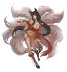  1girl ahri animal_ears bare_shoulders bell black_hair braid breasts cleavage detached_sleeves fox_ears fox_tail heart league_of_legends long_hair multiple_tails single_braid solo tail very_long_hair white_background xiongmao_pai_tang_bao yellow_eyes 
