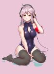  1girl ahoge breasts cleavage covered_navel czk021 female front_zipper_swimsuit green_eyes headphones impossible_clothes impossible_swimsuit lavender_hair one-piece_swimsuit sitting solo swimsuit thigh-highs tirpitz_(warship_girls_r) wariza warship_girls_r wet 