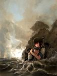  absurdres brown_hair character_request clouds cloudy_sky damaged fubuki_(kantai_collection) highres holding kantai_collection lordlessv2 ocean partially_submerged short_hair sky tears turret waves 