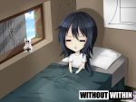  1girl :&lt; =^= =_= absurdres artist_request bed black_hair character_request chibi copyright_name hair_down highres long_hair official_art open_mouth pillow sitting solo triangle_mouth vinty wallpaper window without_within 