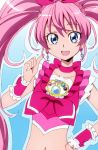 1girl :d blue_eyes brooch choker cure_melody earrings hand_on_hip houjou_hibiki jewelry looking_at_viewer manji_(tenketsu) midriff navel open_mouth pink_hair precure smile solo suite_precure twintails 