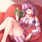  1girl blush book bow breasts glasses hair_ribbon highres holding long_hair nicoby patchouli_knowledge purple_hair ribbon sitting thighs touhou violet_eyes 