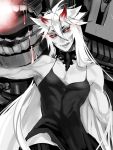  1boy battleship-symbiotic_hime battleship-symbiotic_hime_(cosplay) cosplay crossdressinging dress glowing glowing_eyes horns kantai_collection kogitsunemaru licking_lips long_hair male_focus monochrome red_eyes shinkaisei-kan solo spot_color touken_ranbu very_long_hair zuwai_kani 