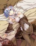  1girl blue_eyes blue_hair breasts cleavage detached_sleeves from_above hair_between_eyes hair_ornament hair_over_one_eye hair_ribbon long_hair lying medium_breasts nana-ine on_back pantyhose pink_ribbon re:zero_kara_hajimeru_isekai_seikatsu rem_(re:zero) ribbon short_hair solo white_legwear 