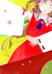  1girl ascot bare_shoulders blush bow brown_hair cherry_blossoms closed_eyes detached_sleeves hair_bow hakurei_reimu jq lying open_mouth petals solo tatami touhou 