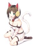  1girl :d absurdres animal_costume animal_ears bare_shoulders bell bell_collar belt blush boots breasts brown_hair cat_ears cat_tail cleavage collar detached_sleeves fake_animal_ears fangs green_eyes highres horns idolmaster idolmaster_cinderella_girls maekawa_miku new_year open_mouth re:n_ne ribbon sheep_costume sheep_horns shiny shiny_hair short_hair shorts sitting smile solo tail translucent_hair wariza 