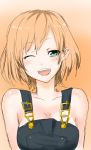  1girl ;d breasts brown_hair cleavage green_eyes miyamori_aoi naked_overalls one_eye_closed open_mouth overalls shirobako short_hair smile solo upper_body 
