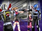  2boys 2girls armor blue_eyes brown_hair crossover dirty_clothes female gon_(kamen_rider_kabuto) gun helmet highres kamen_rider kamen_rider_den-o kamen_rider_den-o_(series) kamen_rider_drake kamen_rider_kabuto_(series) lyrical_nanoha mahou_shoujo_lyrical_nanoha_strikers male multiple_boys multiple_girls ryutaros socks teana_lanster weapon 