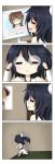  &gt;:&gt; 4koma :&gt; :&lt; =^= =_= =v= bespectacled black_hair braid brown_hair character_request comic computer_screen detached_sleeves faceplant glasses gloom_(expression) green_eyes highres karla_featherstone official_art open_mouth running silent_comic smile thigh-highs triangle_mouth twin_braids vinty without_within 