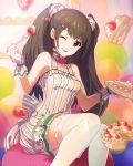  1girl ;p bow cake dress eating food food_on_face food_themed_clothes fork frills fruit hair_ornament hairclip long_hair looking_at_viewer ninomiya_hitomi_(wake_up_girls!) official_art one_eye_closed sitting slice_of_cake strawberry strawberry_shortcake thigh-highs tongue tongue_out twintails vertical-striped_dress violet_eyes wake_up_girls! wake_up_girls!_stage_no_tenshi white_legwear zettai_ryouiki 