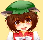  1girl animal_ears blush brown_eyes cat_ears chen hat highres kogiri_(artist) open_mouth piercing short_hair solo touhou yellow_background 