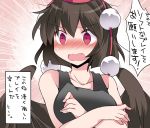 1girl bare_shoulders blush breasts brown_hair commentary_request crossed_arms embarrassed emphasis_lines hammer_(sunset_beach) hat open_mouth pink_eyes shameimaru_aya short_hair solo tokin_hat touhou translation_request upper_body 