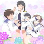  4girls @_@ black_hair brown_hair closed_eyes eyepatch flower kitagou_fumika long_hair long_sleeves military military_uniform multiple_girls one-piece_swimsuit payot ponytail sakamoto_mio school_swimsuit school_uniform serafuku short_hair snail strike_witches swimsuit swimsuit_under_clothes tabigarasu takei_junko uniform wakamoto_tetsuko yellow_eyes younger 