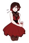  1girl black_hair cropped_legs dashingicecream dress drink frown gradient_hair looking_to_the_side multicolored_hair pantyhose red_dress red_hair ruby_rose rwby short_hair sigh silver_eyes solo two-tone_hair 