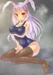 1girl animal_ears breast_lift breasts brown_legwear cleavage collarbone kazo large_breasts long_hair looking_at_viewer open_mouth purple_hair rabbit_ears red_eyes reisen_udongein_inaba school_swimsuit sitting solo sweat swimsuit thigh-highs touhou very_long_hair wariza 