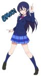  1girl blazer finger_gun leon_7 long_hair long_sleeves love_live!_school_idol_project one_eye_closed open_mouth pleated_skirt purple_hair school_uniform shirt skirt smile solo sonoda_umi very_long_hair yellow_eyes 